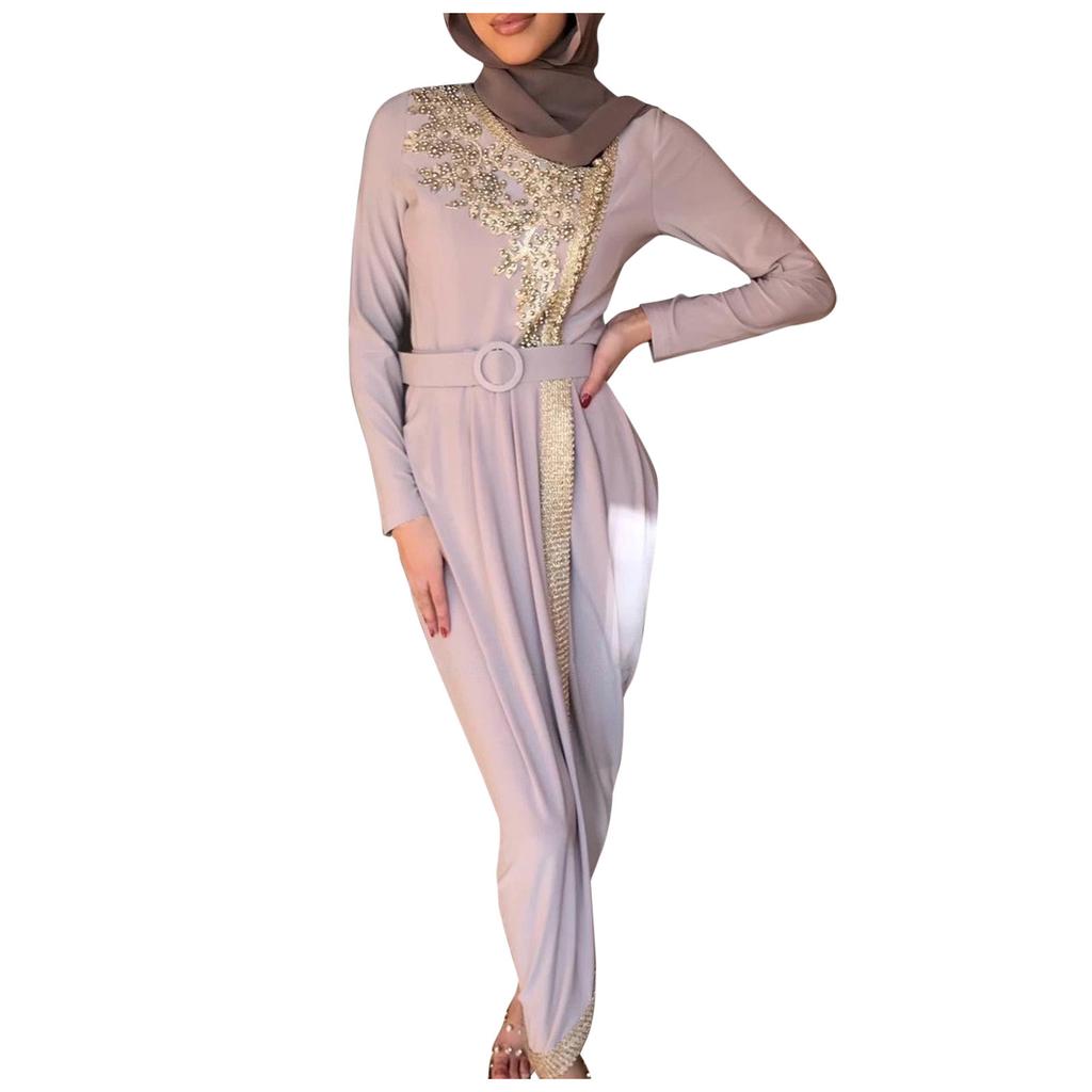 Women's Solid Color Long Sleeve Satin Soft Embroidered Waist And  Dress