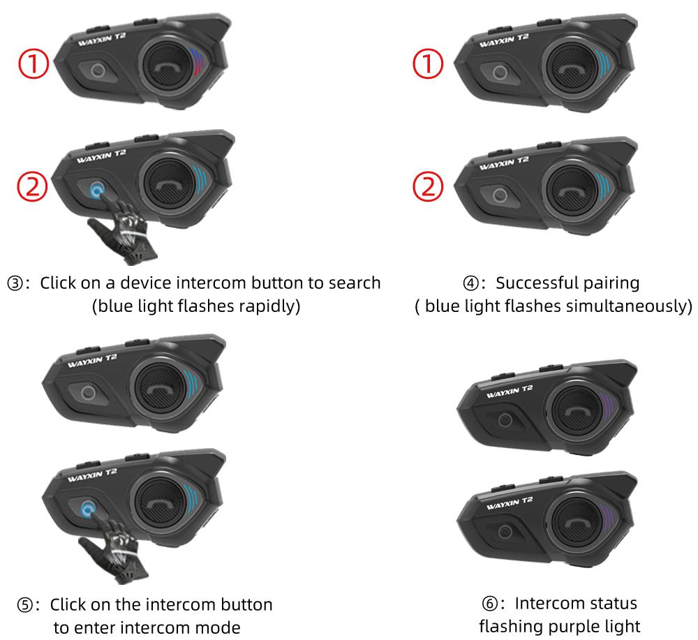 WAYXIN T2 Motorradhelm-Headset für 2 Fahrer Bluetooth Intercom-Kopfhörer Moto Communicator Lautsprecher Interphone Headset Biker
