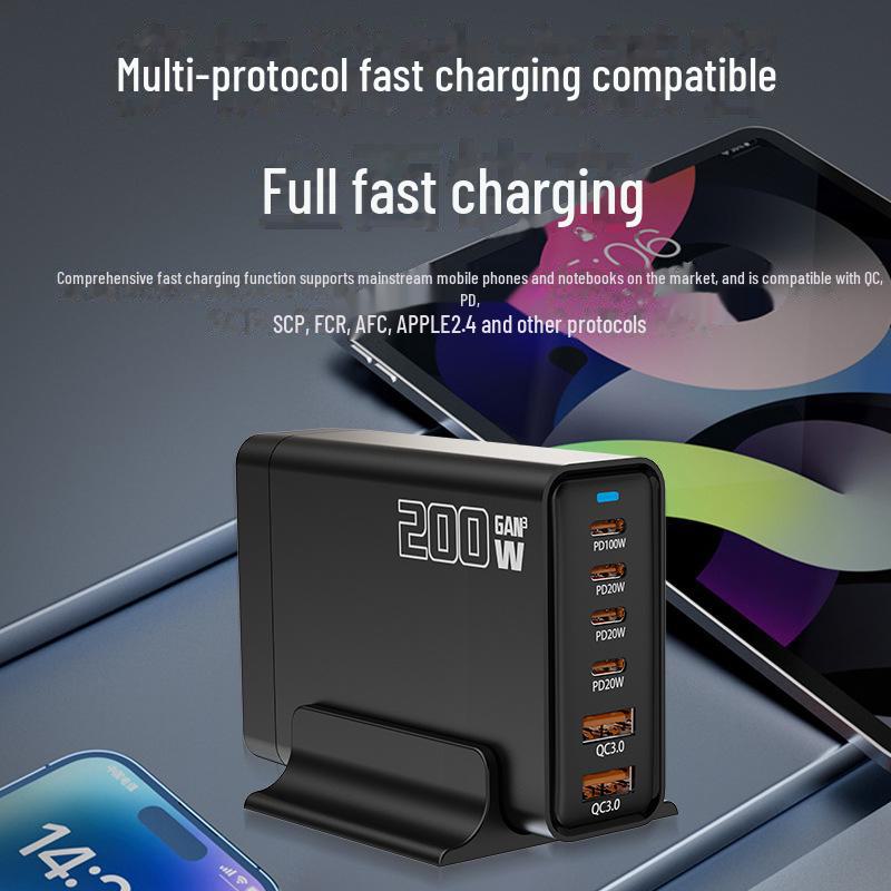 200W GaN Charger: Supports 5V/9V/12V/15V/20V Fast Charging for Apple & Huawei Multi-Port Devices.