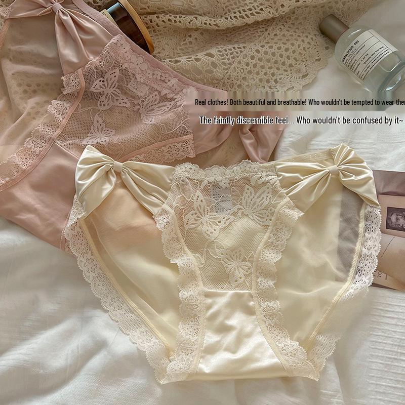 French Lace Trim Mid-Waist Women's Panties - Comfortable Bow Design, Translucent Triangle Style
