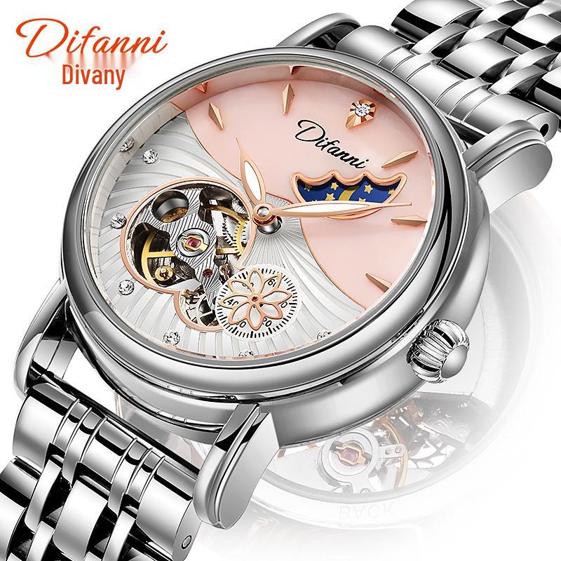 Genuine Automatic Mechanical Waterproof Watch for Women - Trendy Multi-Functional with Day, Date, Month, Year, and Starry Design.