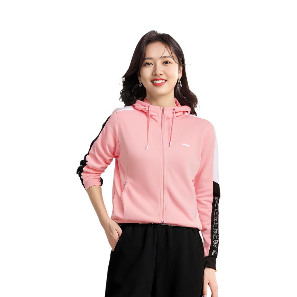Li Ning Training Series Casual Sports Hooded Cardigan Sweatshirt Women outerwear Almond-Pink AWDQ314-2