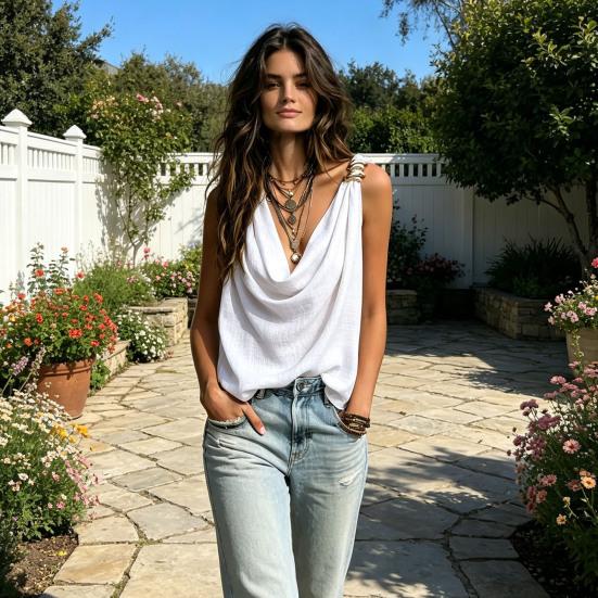 Women Vest V-Neck Sleeveless Loose Fit Camisole with Pleated Front Asymmetrical Collar Metallic Detail Ruffled Tank Tops
