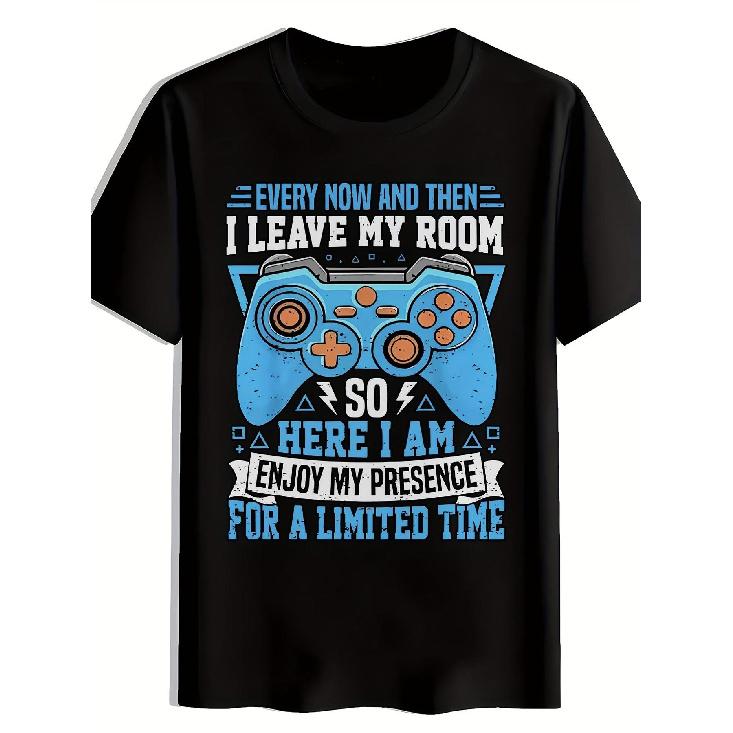 Men'S Gaming T-Shirt with Controller Design "Enjoy My Presence" Slogan, Casual Crew Neck, All-Season Comfort, Limited Edition Style, Perfect for