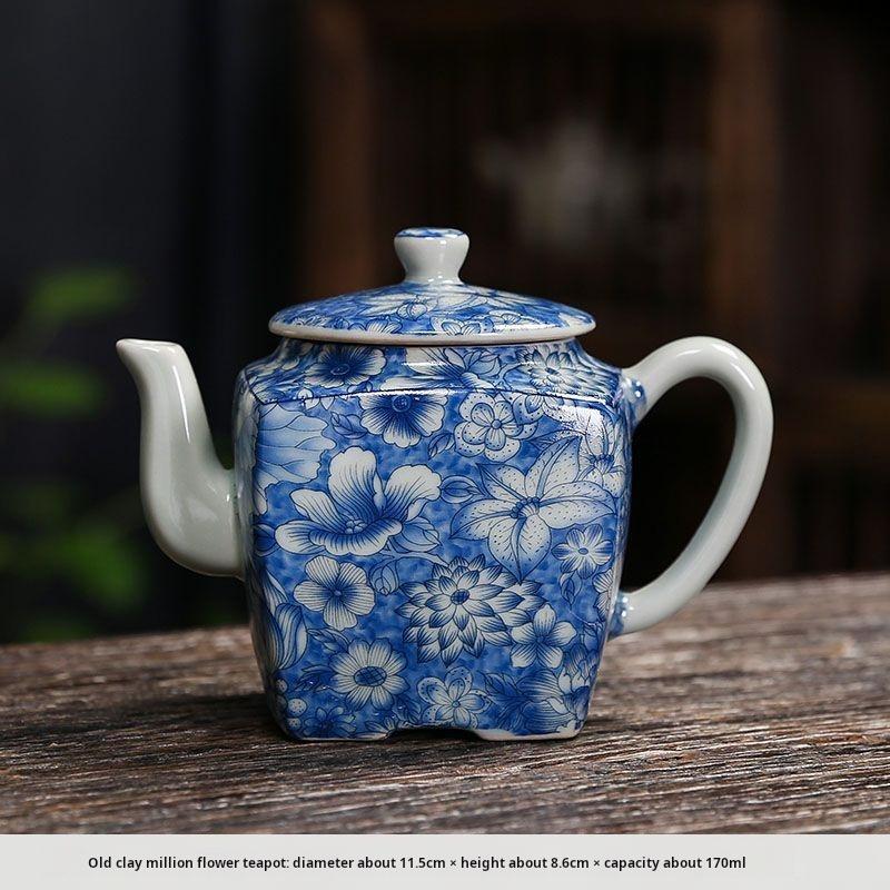 Old clay blue and white teapot ceramic kung fu tea set large Chinese single pot simple household antique manual tea infuser