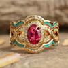 Luxury Vintage Inlaid Oval Red Synthetic Zirconia Wedding Bands Golden Plated Women Promise Engagement Ring Jewelry Accessories
