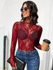 2024 Women's Long Sleeve Stand Collar Floral Lace Top - Transparent See-through Design
