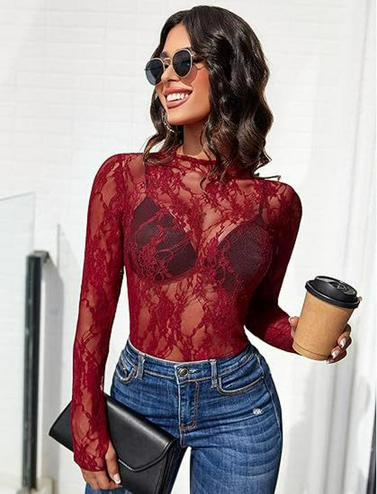 2024 Women's Long Sleeve Stand Collar Floral Lace Top - Transparent See-through Design