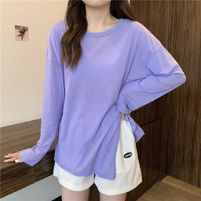 Women's Summer Thin Slightly Sheer Split Sun Protection Long Sleeve T Shirt Candy Colored Loose Air Conditioning Cover Up