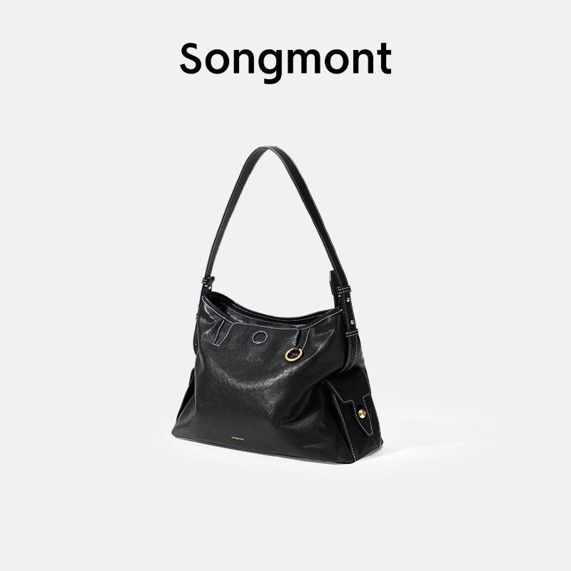 Stylish Songmont Hobo Bag In Smoke Black And Sand Brown With Genuine Leather Design