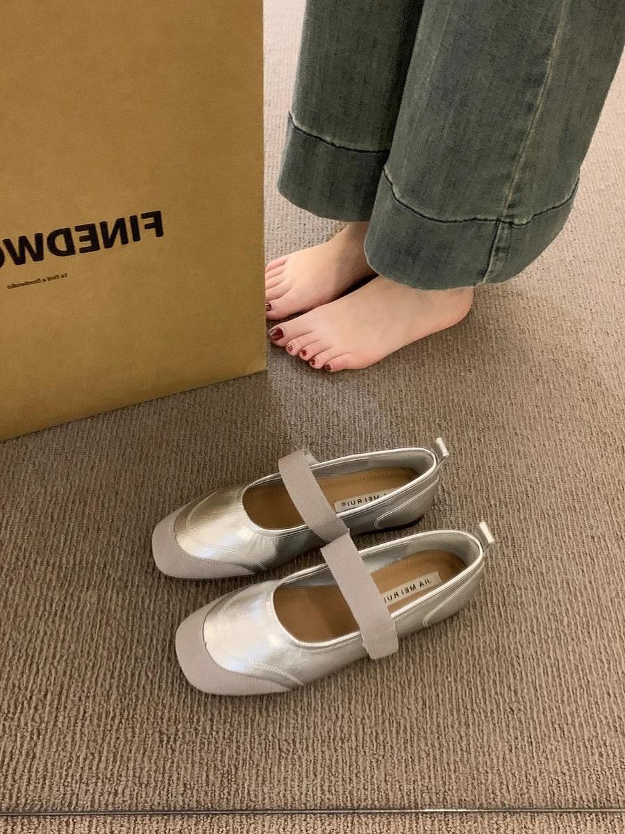 Flat ballet shoes single shoes 22 beautiful new models, small leather shoes Velcro elastic Mary Jane shoes single shoes 35 серебряный