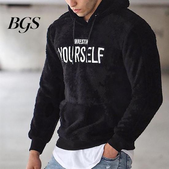 Plus Size Winter Hoodie Letter Pattern Hooded Hat Long Sleeves Pullover Soft Drawstring Plush Embroidery Men Autumn for Daily Wear