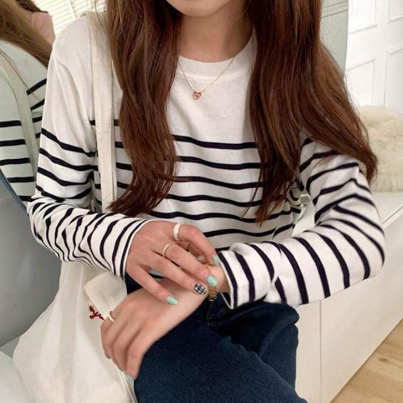 

Женский свитер с длинным рукавом и полосками, с круглым вырезом, осенний, нижняя рубашка, топ, свитер, контрастного цвета, простой, ветрозащитный, вязаный свитер, женский, свободный XL белый