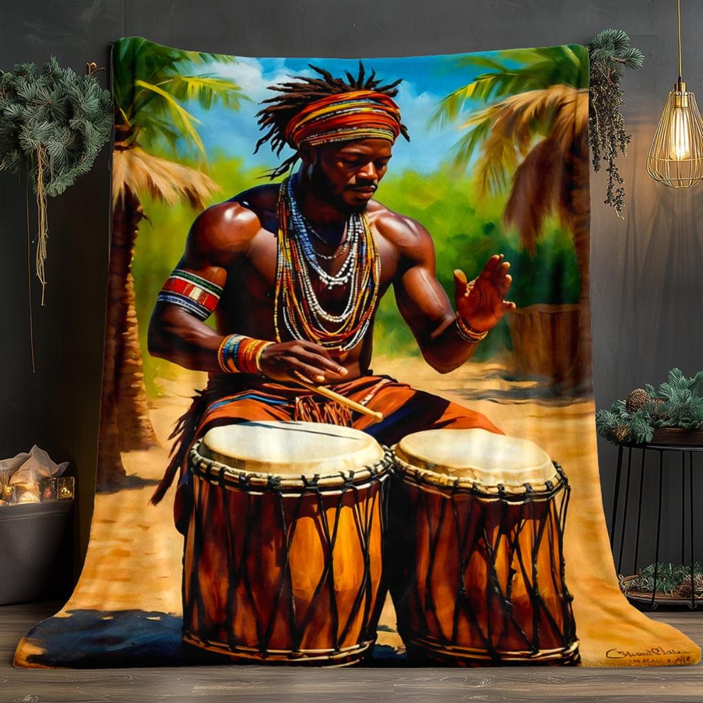 African traditional drum music theme Flannel printed blanket suitable for all seasons suitable for living office sofa and travel