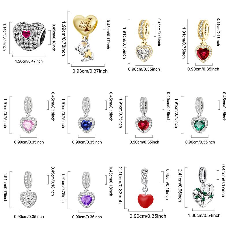 Copper Pendants Zircon Pink Love Heart Charms Beads Fit Original Pan Bracelet Bangles Diy Jewelry For Women