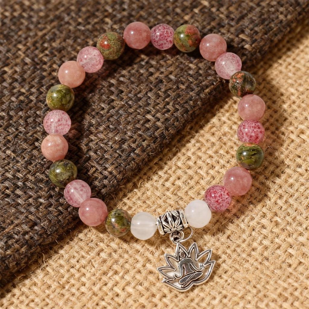 Festive Gifts Natural Pink Opal Unakite Beaded Bracelet With Silver Buddha Accent Minimalist Fashion Jewelry Suitable For Daily Wear And Gifting