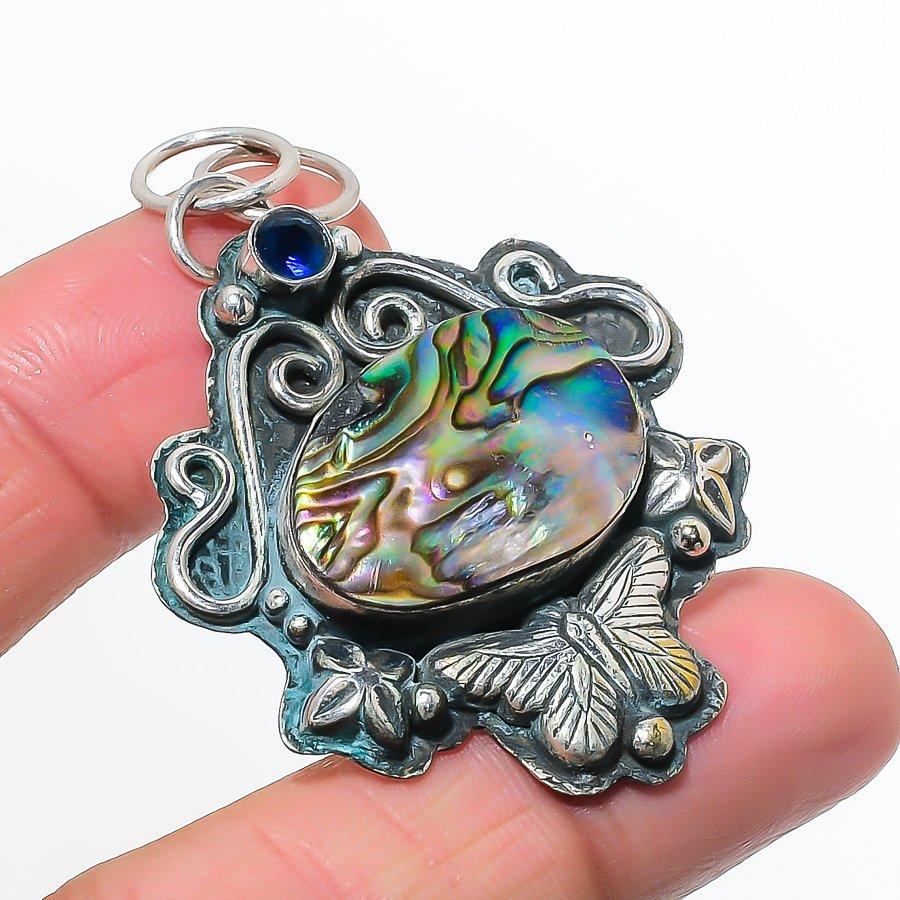 Natural Abalone Shell, Iolite 925 Sterling Silver Jewelry Pendant 2.29 AP-14456