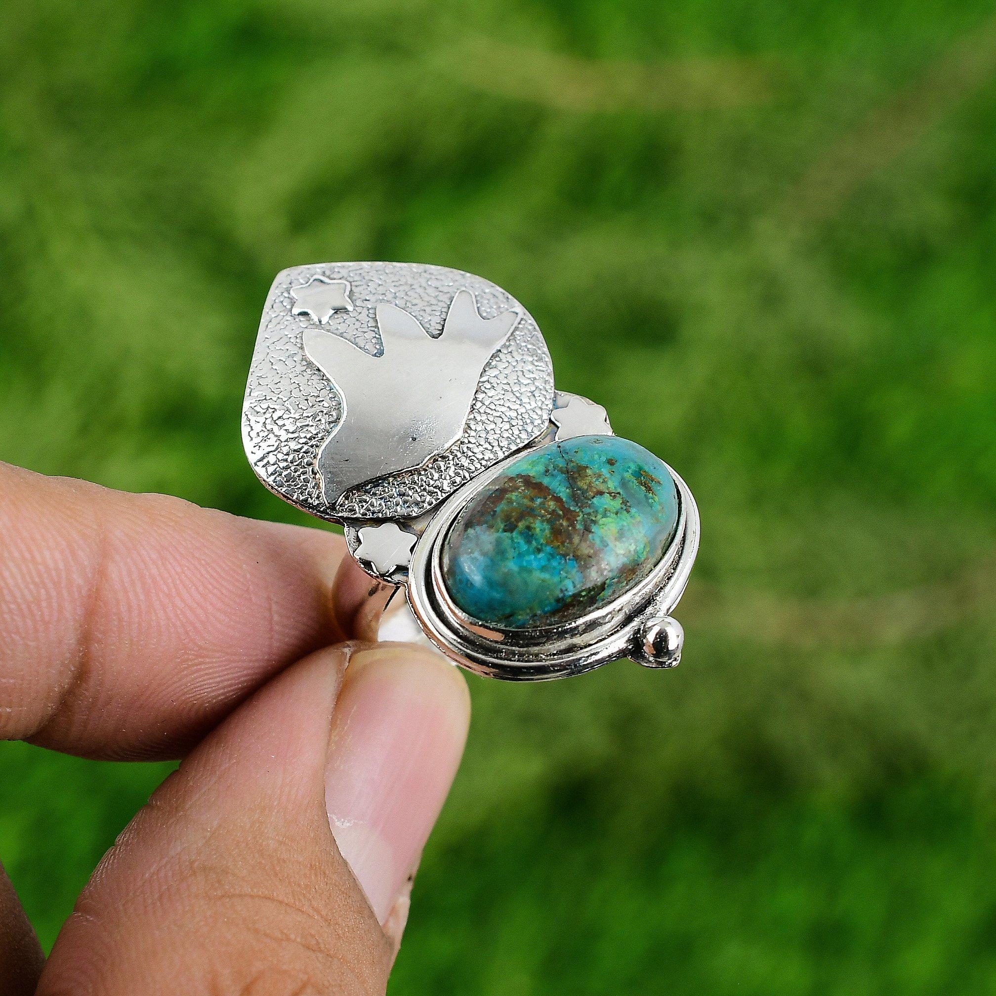 

Womens day Deal Sterling Silver Oval Chrysocolla Gemstone Bezel Boho Bird Ring Adjustable