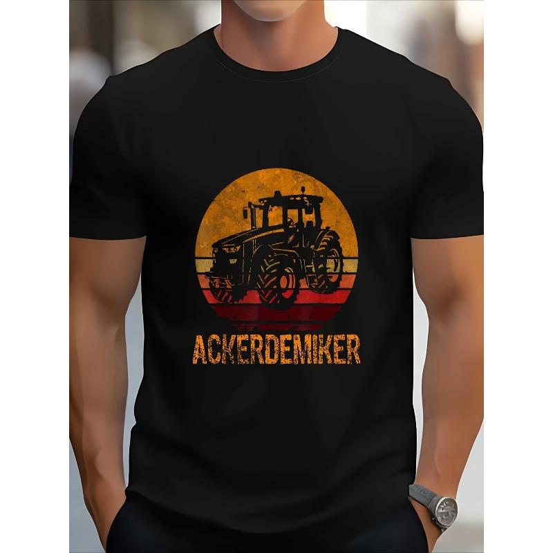 Men's Vintage Farm Tractor Graphic T-Shirt - Black Distressed Sunset & ACKERDEMNIKER Text Design, Breathable Summer Casual Tee, Machine Washable
