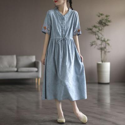 Damen Artistic Retro Kurzarm Mittellanges Kleid aus bestickter Jacquard-Baumwolle und Leinen mit Kordelzug-Taille