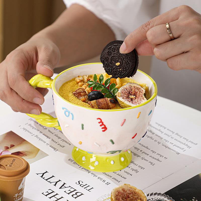 400ml Hand Drawn Ceramic Mug Large Capacity Breakfast Cereal Cup Milk Oatmeal Matcha Water Cup Kitchen Accessory Drinkware Gift