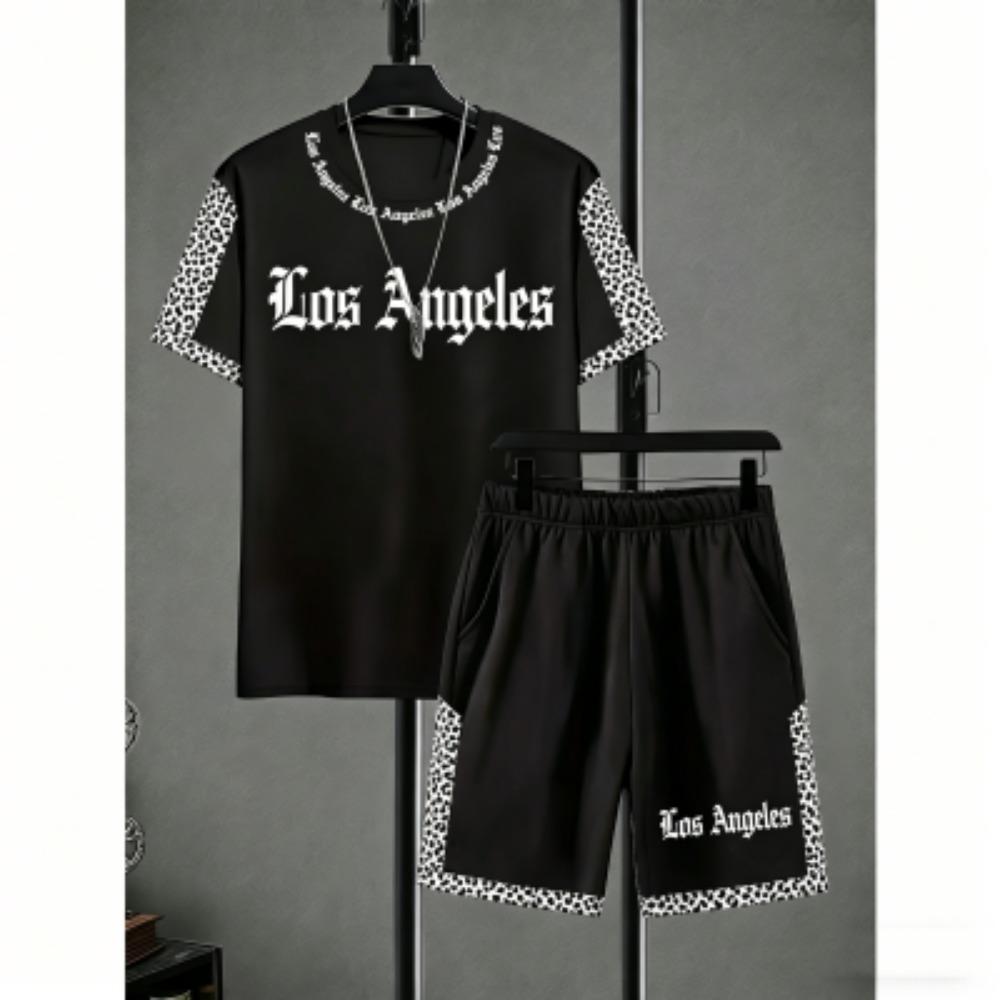 Men's Set Letter Printed Men's T-shirt and Shorts 2 Piece Set Summer Casual Outdoor Men's and Women's Outfit Clothing