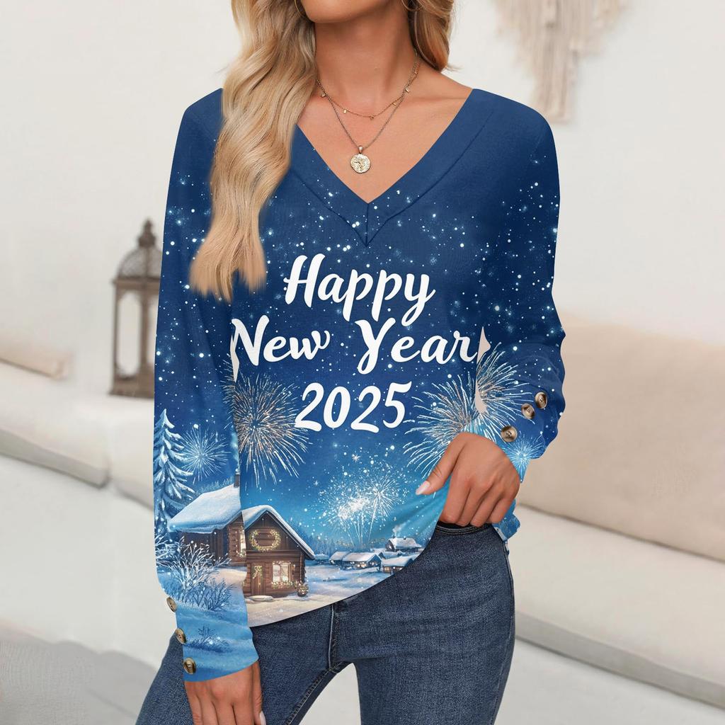 Damenmode Lässig Langarm Weihnachten Bedruckt V-Ausschnitt Pullover Top