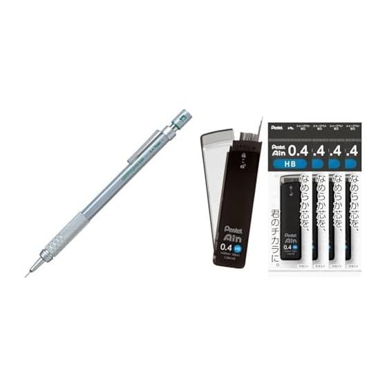 Pentel Graph Gear 500 Mechanical Pencil, 0.4mm, with Pentel Ain 0.4mm HB Lead Refills, 5 Pieces