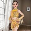 Girls Latin Dance Costume Kid Crop Top Shorts with Tassels Arm Sleeve Sequins Dance Outfit for Party