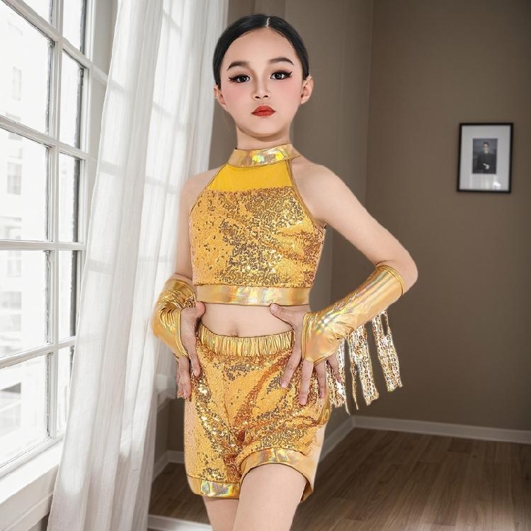 Girls Latin Dance Costume Kid Crop Top Shorts with Tassels Arm Sleeve Sequins Dance Outfit for Party