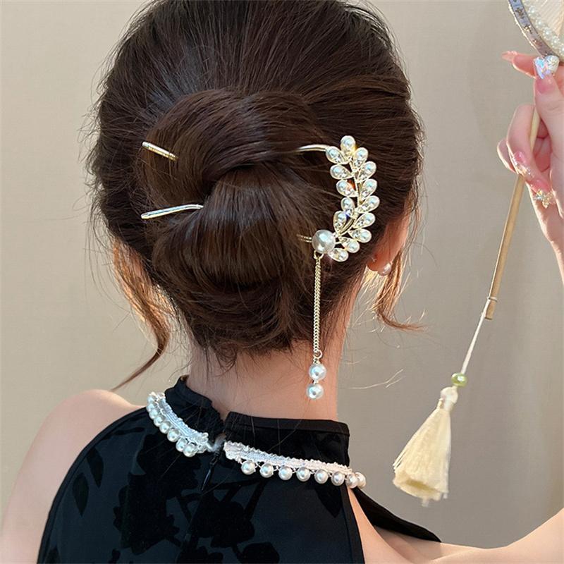 Imitation Pearl Wheat U Shape Rhinestone Leaf Hairpins Metal Hair Sticks Hairclip Headwear