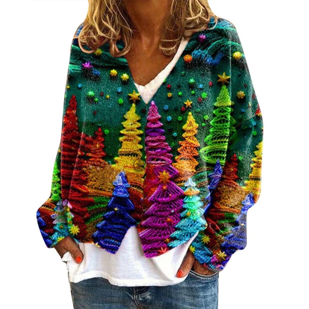 YNN-VK01 V-Neck Printed Cardigan Sweater with 3 Buttons - New Arrival
