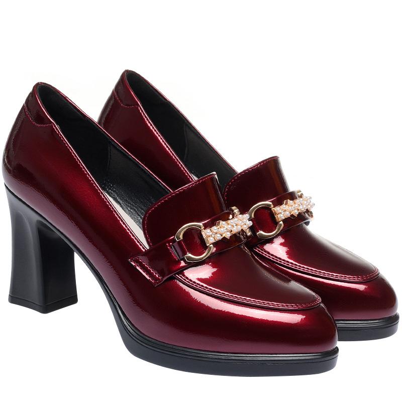 Women's Deep-Cut Pointed High Heels - 2023 Spring/Autumn, Mid-Heel Red Leather Shoes for Middle-Aged Women