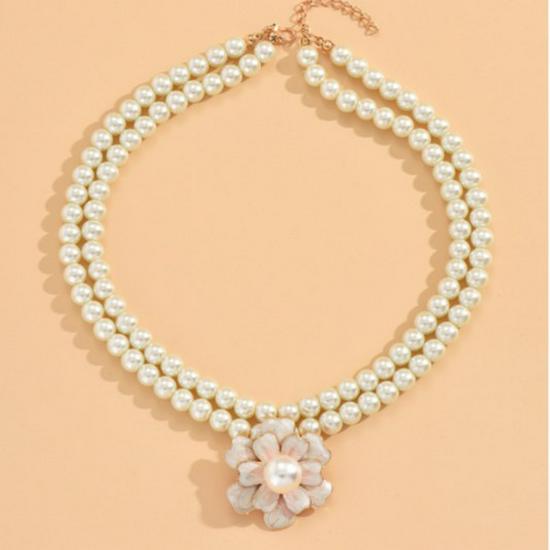 Elegant Double Layer Metal Flower Pearl Necklace