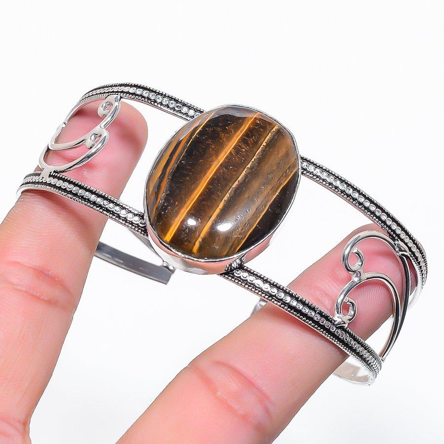 Natural Tiger Eye Gemstone 925 Sterling Silver Cuff Bangle Adjustable Q5G40