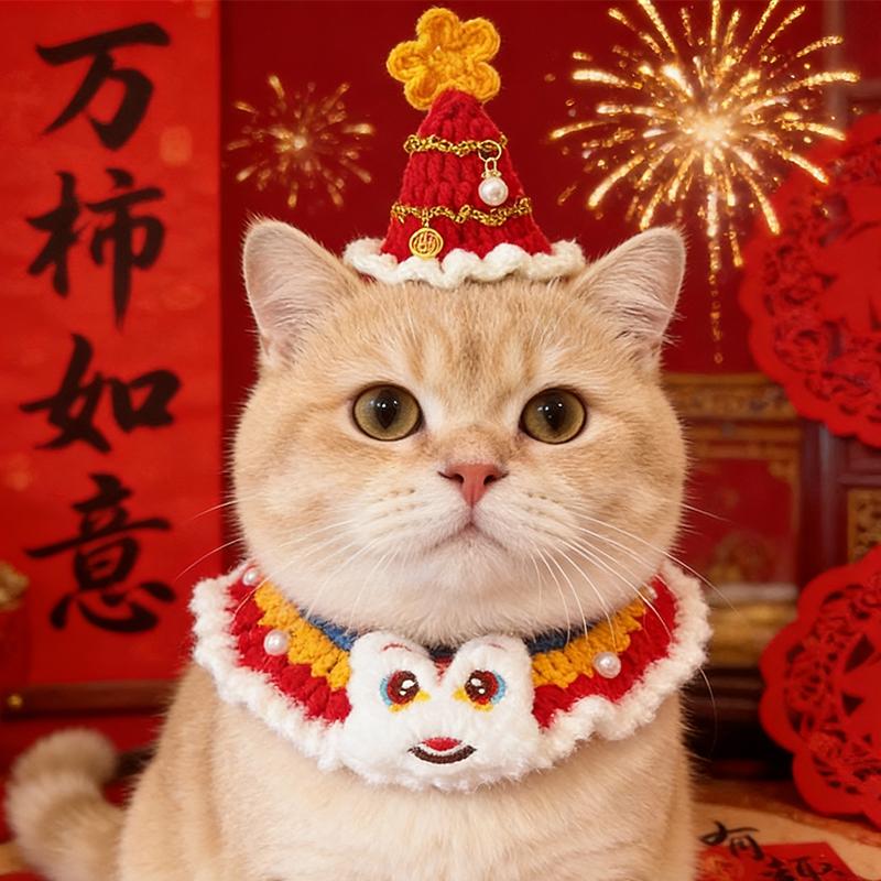 Hand-Crochet Pet Scarves Collars Chinese New Year Cat Bibs Saliva Wipes Small Dog Cat Accessories Spring Festivals Costumes
