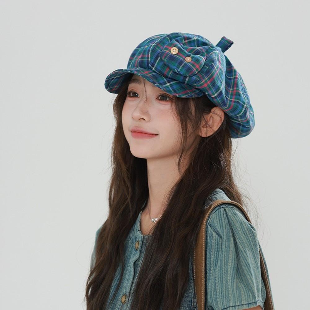 Sun Protection Plaid Cloud Berets Korean Style Octagonal Caps Japanese Button Hat  Spring Summer
