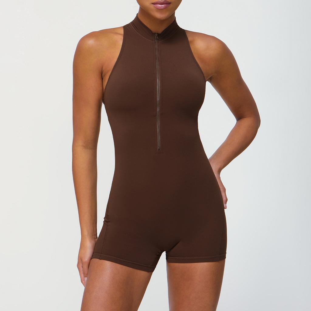 Women's Sleeveless Half-Zip One-Piece Yoga Bodysuit with Chest Pad