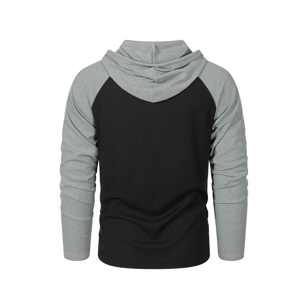 Men's Raglan Sleeve Colorblock Button Collar Hooded Sweatshirt Men's Sports Large Size Casual Pullover Sweatshirt