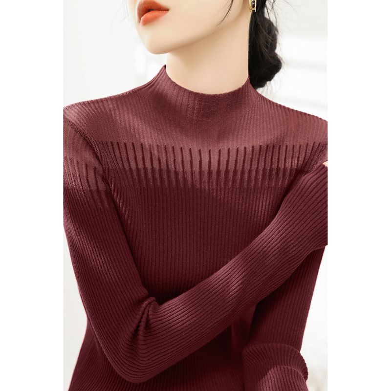 

New Spring Slim fit Long sleeve Simple Knit Half-high Collar Fashion Mesh Lace Stitching Inner wear Base Women clothes Ankoala Red XL([Recommended 60.00 kg-65.00 kg]])