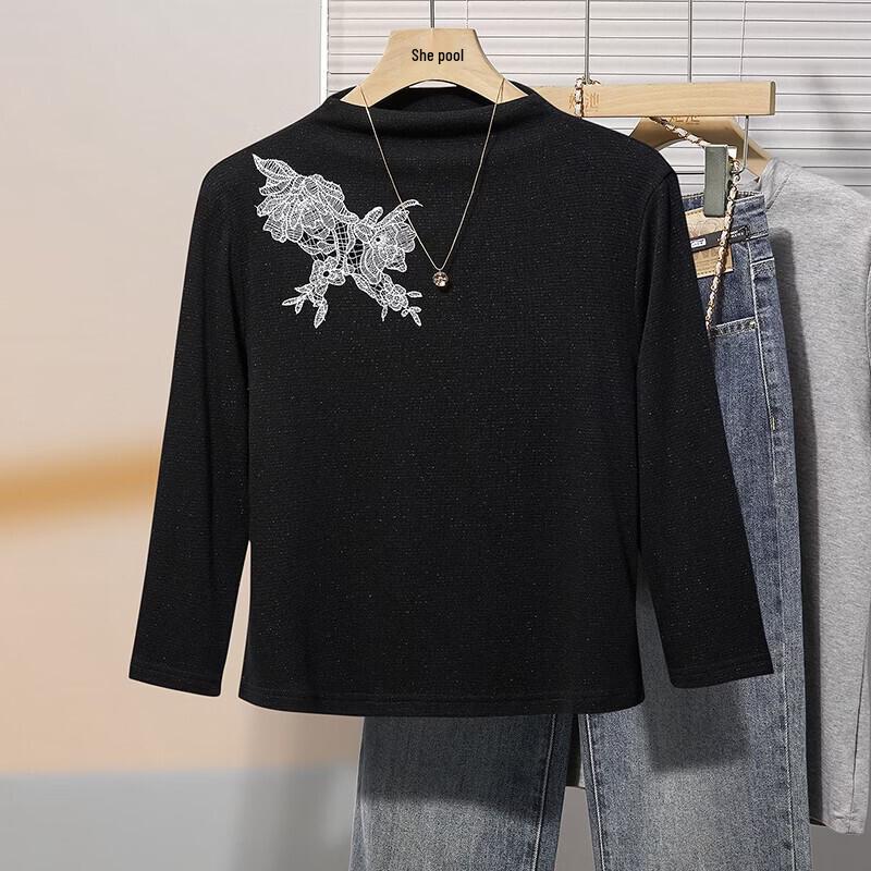 Women s Semi-High Neck Slim Fit Embroidered Lace Top L