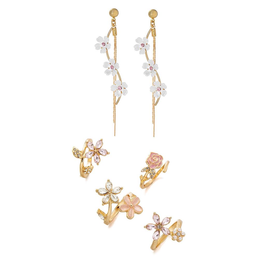 5-piece fashionable and minimalist floral tassel earrings with open flower rings for women's jewelry set