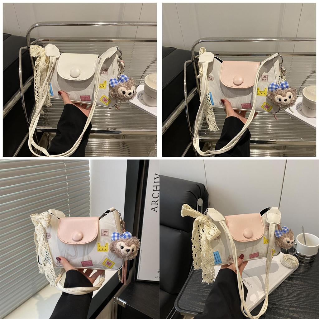 Ladies Pu Compact Handbag With Lace Bow And Doll Pendantfor Casual Outings