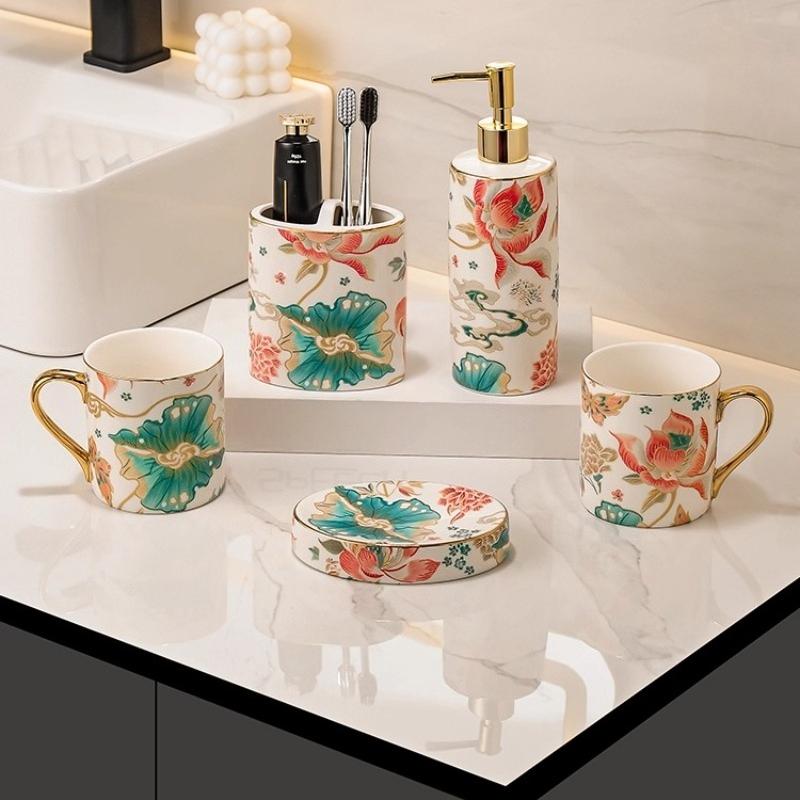 China-Chic Blue and White Ceramic Mouthwash Cup Set Household Toilet Couple Tooth Brush Cup Wash Set bathroom decor