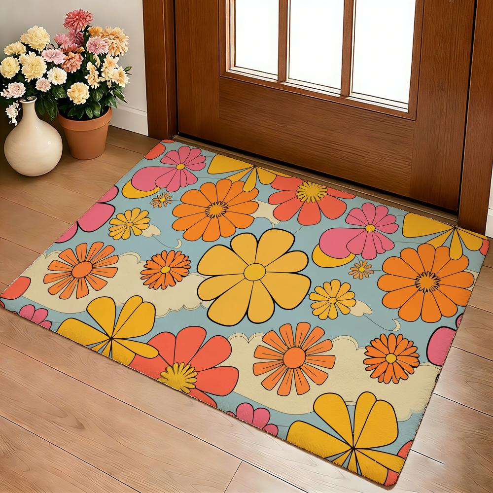 Groovy Flowers Floor Mat Cozy Flannel Soft Thick Non-Slip Mat For Living Room Bedroom Kitchen Decor Rugs