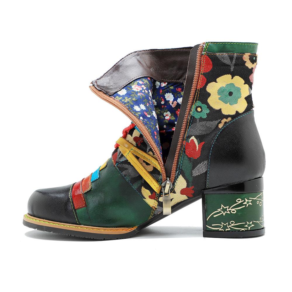 Johnature Genuine Leather Printed Patchwork Color Strapping Thick Heeled Women's Short Boots Mixed Colors Shoes