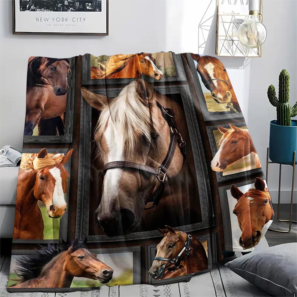 1Pc Horse Puzzle Print Flannel Blanket, High quality Comfortable for All Seasons, Home Decor, Warmth and Comfort, Perfect for Christmas Gifts
