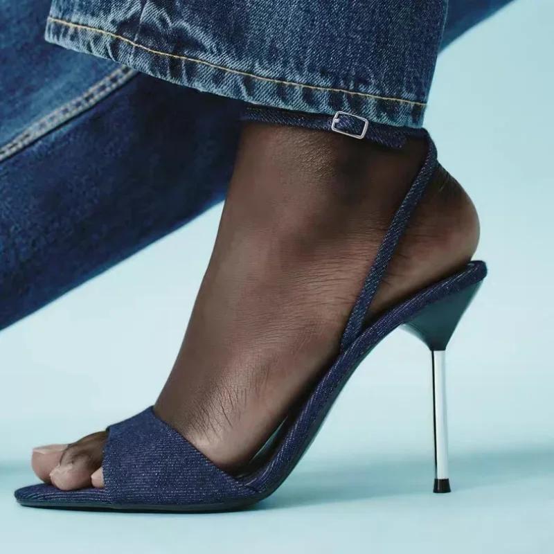 Fashion Denim Blue Thin Heeled Sandals Women Sexy Peep Toe Ankle Strap Buckle High Heels Summer Elegant Pumps Comfort Casual Sandalias