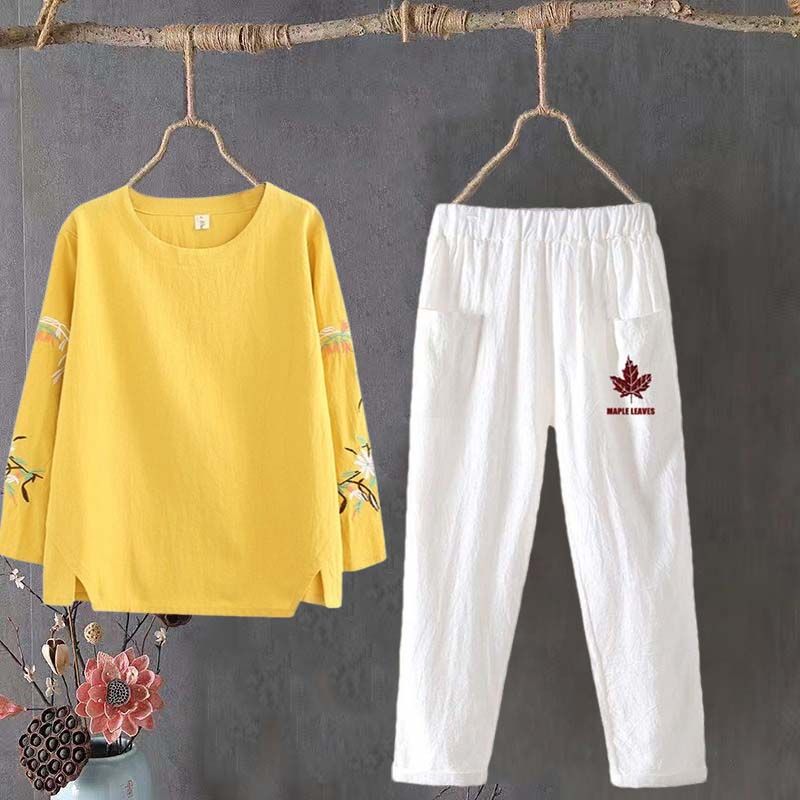 2pcs Cotton Linen Pants Suits Spring Women's Round Neck Cotton Linen Blouse Elastic Waist Cotton Linen Cropped Pants Two-Piece Set Casual Outfits
