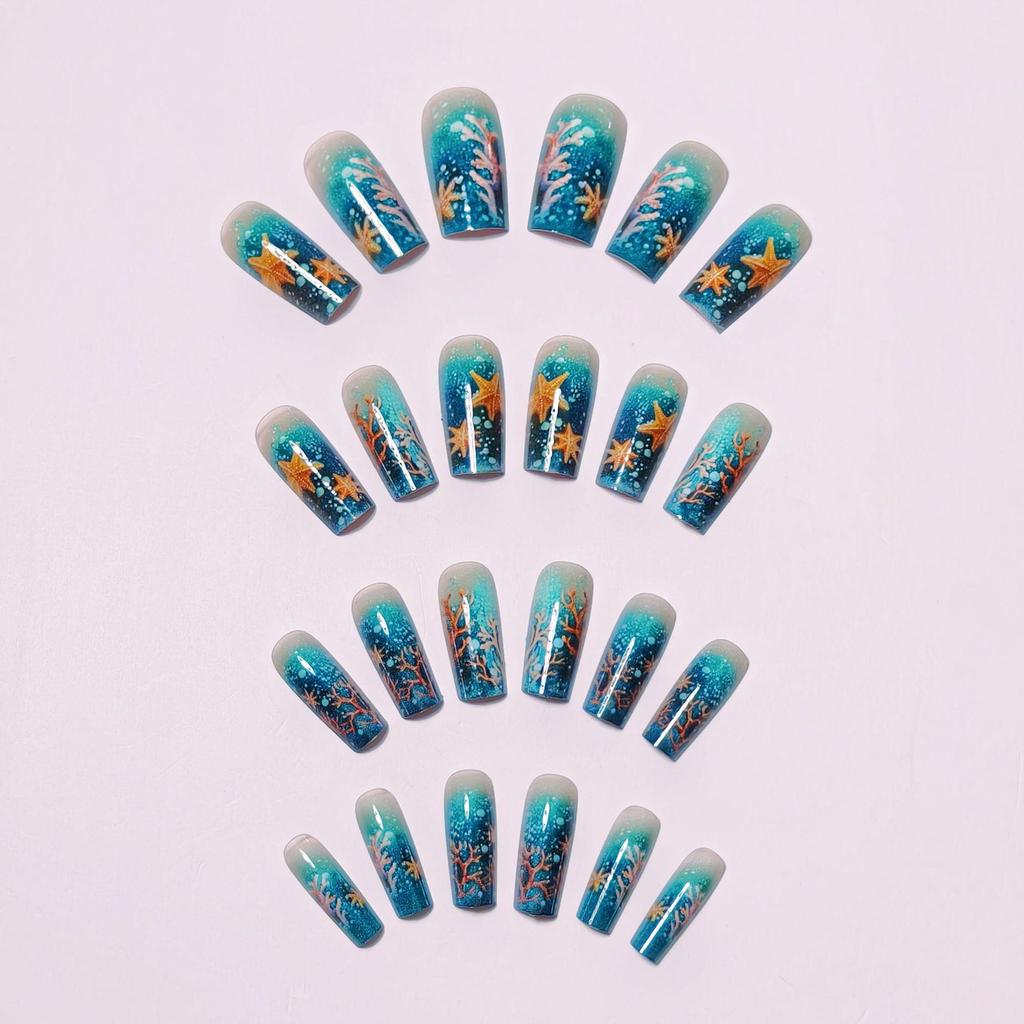 Elegant Glossy Dark Blue Starfish Nail Art Stickers - 24 Medium-Length Wearable False Nails